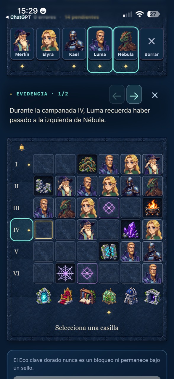 Partida de MisterioKu: guardianes, una evidencia que relaciona a Luma y Nébula y un tablero de seis por seis con salas y campanadas.